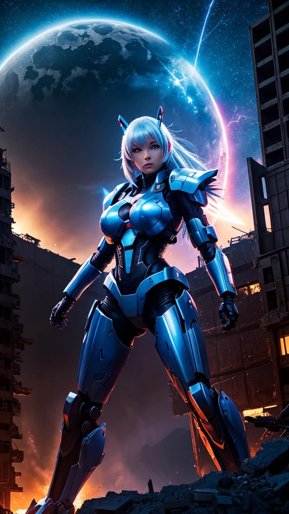 hot mech girl, big breast, war on alien, collapse building, night view, storm shadow meteor, ultra detail, blue eyes, panoramic scene, masterpiece, aesthetic