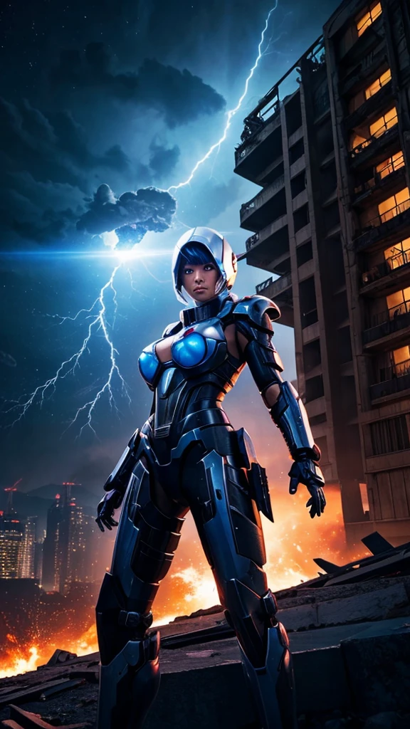 hot mech girl, big breast, war on alien, collapse building, night view, storm shadow meteor, ultra detail, blue eyes, panoramic scene, masterpiece, aesthetic