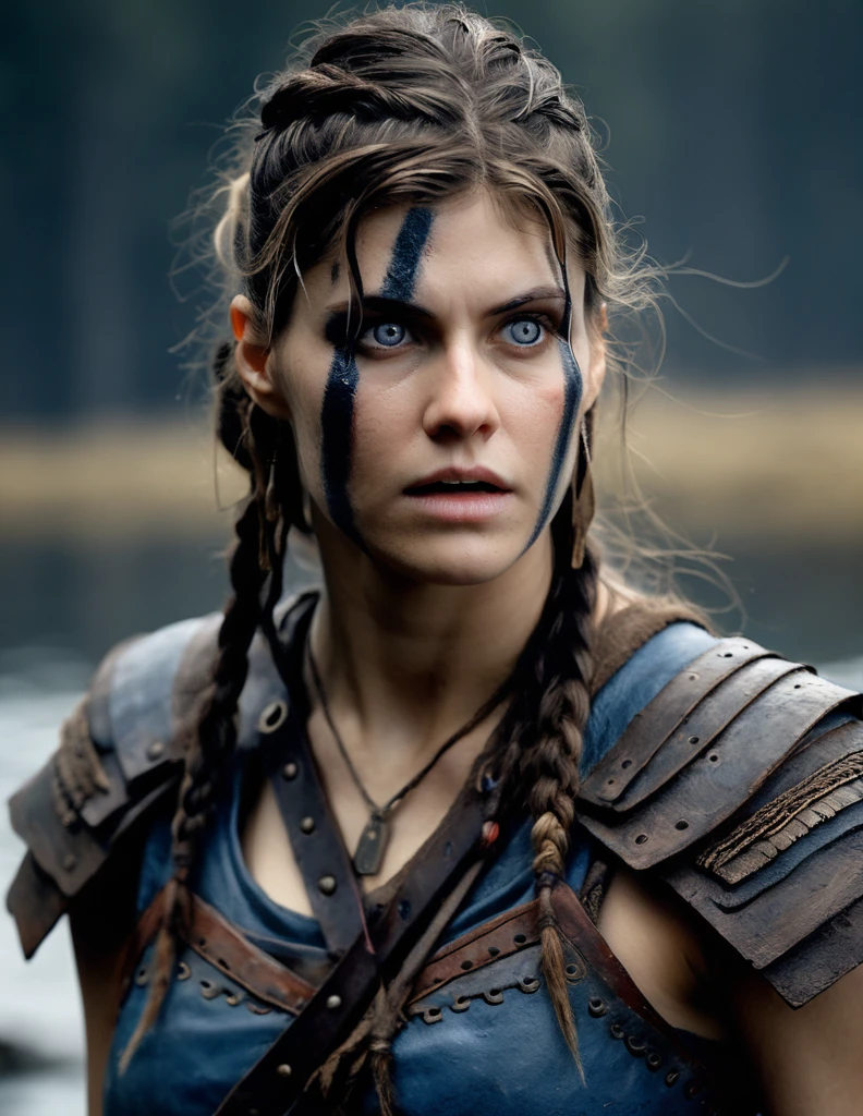 cinematic photo Close-up of (((ohwx woman))) in Hellblade: Senua's Sacrifice, emerging from black mud, long hair with dreads, war blue paint, paint fading, angry expression, dirty face, finely detailed eyes, moody, viking clothes, epic scene, epic composition, Photography, Cinematic Lighting, Volumetric Lighting, ethereal light, intricate details, extremely detailed volumetric rays   . 35mm photograph, film, bokeh, professional, 4k, highly detailed