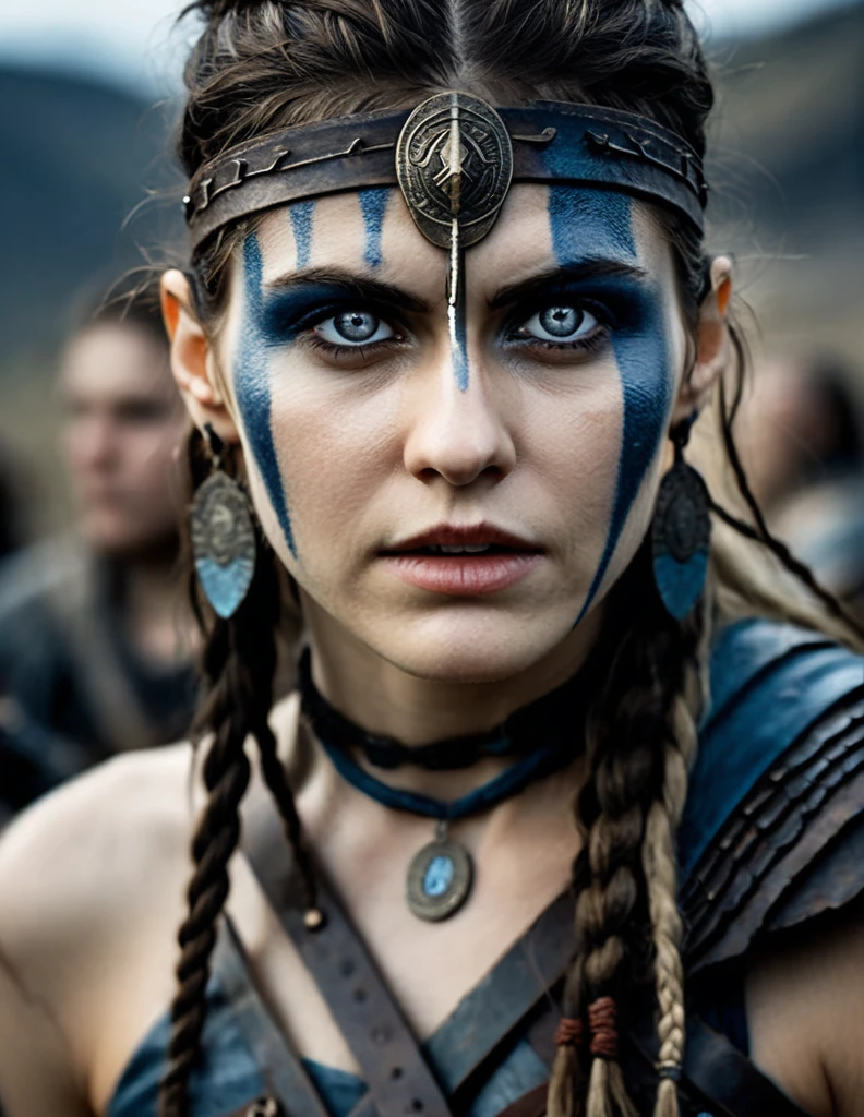 cinematic photo Close-up of (((ohwx woman))) in Hellblade: Senua's Sacrifice, emerging from black mud, long hair with dreads, war blue paint, paint fading, angry expression, dirty face, finely detailed eyes, moody, viking clothes, epic scene, epic composition, Photography, Cinematic Lighting, Volumetric Lighting, ethereal light, intricate details, extremely detailed volumetric rays   . 35mm photograph, film, bokeh, professional, 4k, highly detailed