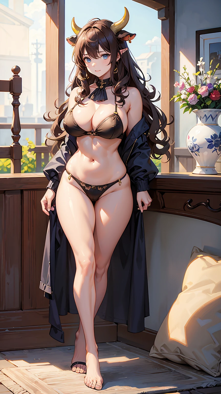 Highest quality、masterpiece、8K、Realistic、超High resolution、Very delicate and beautiful、High resolution、（Cowgirl）、Muscle Girl、Big body、Perfect female body、Beautiful woman、Mature Woman、Brown Hair、Curly Hair、Cow horn、Foot ears、Cow&#39;s tail、Earrings、Large Breasts、Big Ass、Plump body、Sexy pose、Full body emphasis