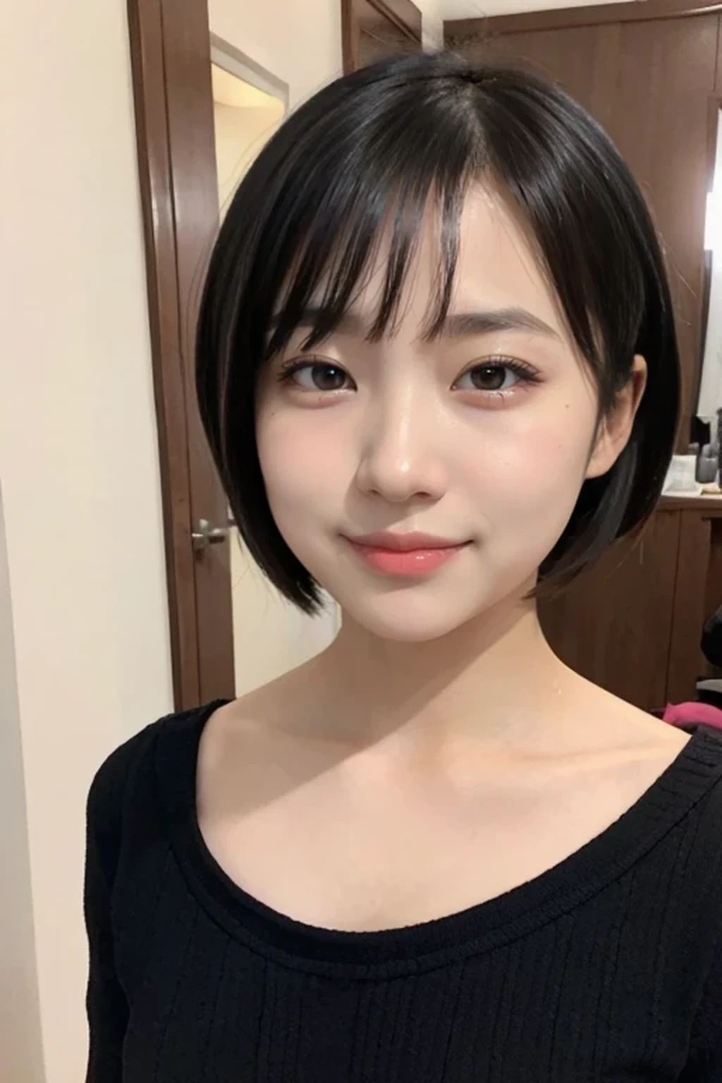(naked, nude:1.3), 8k, RAW photo, best quality, masterpiece, realistic, photo-realistic, clear, professional lighting, beautiful face, no makeup, best quality, ultra high res, BREAK, Japanese cute girl, , (short cut hair:1.2), smile, BREAK, standing, BREAK, (bedroom:1.3), (black eyes, black hair:1.2), spoken heart