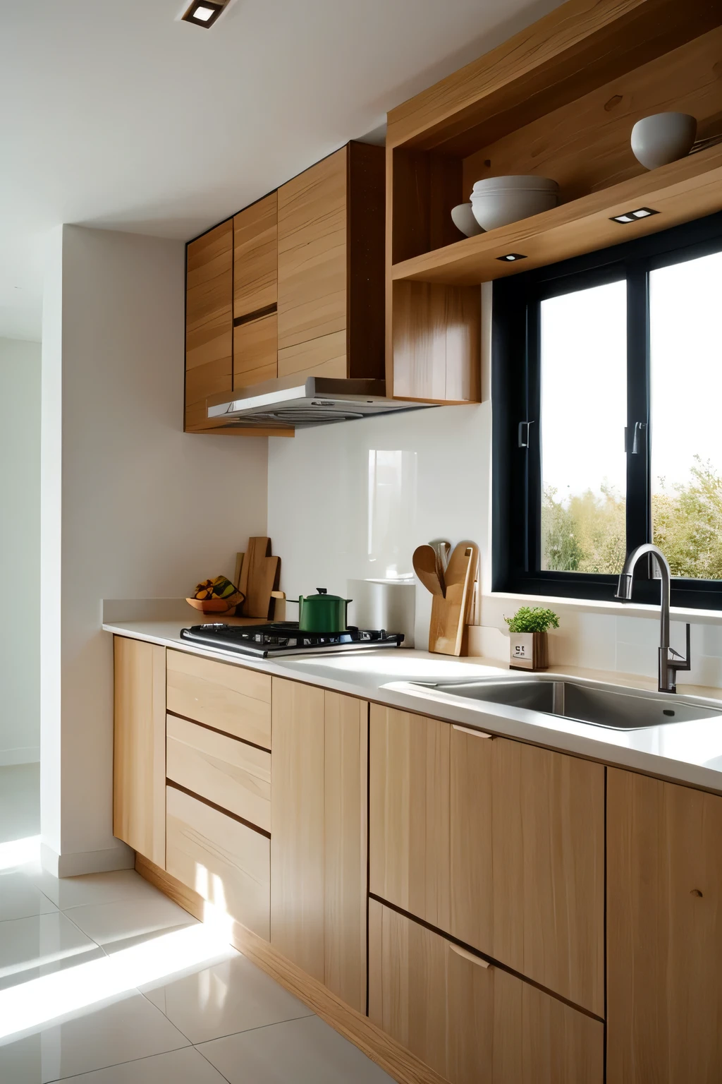 Professional 3d architecture rendering design of modern and minimal kitchen with  light  wooden color 
