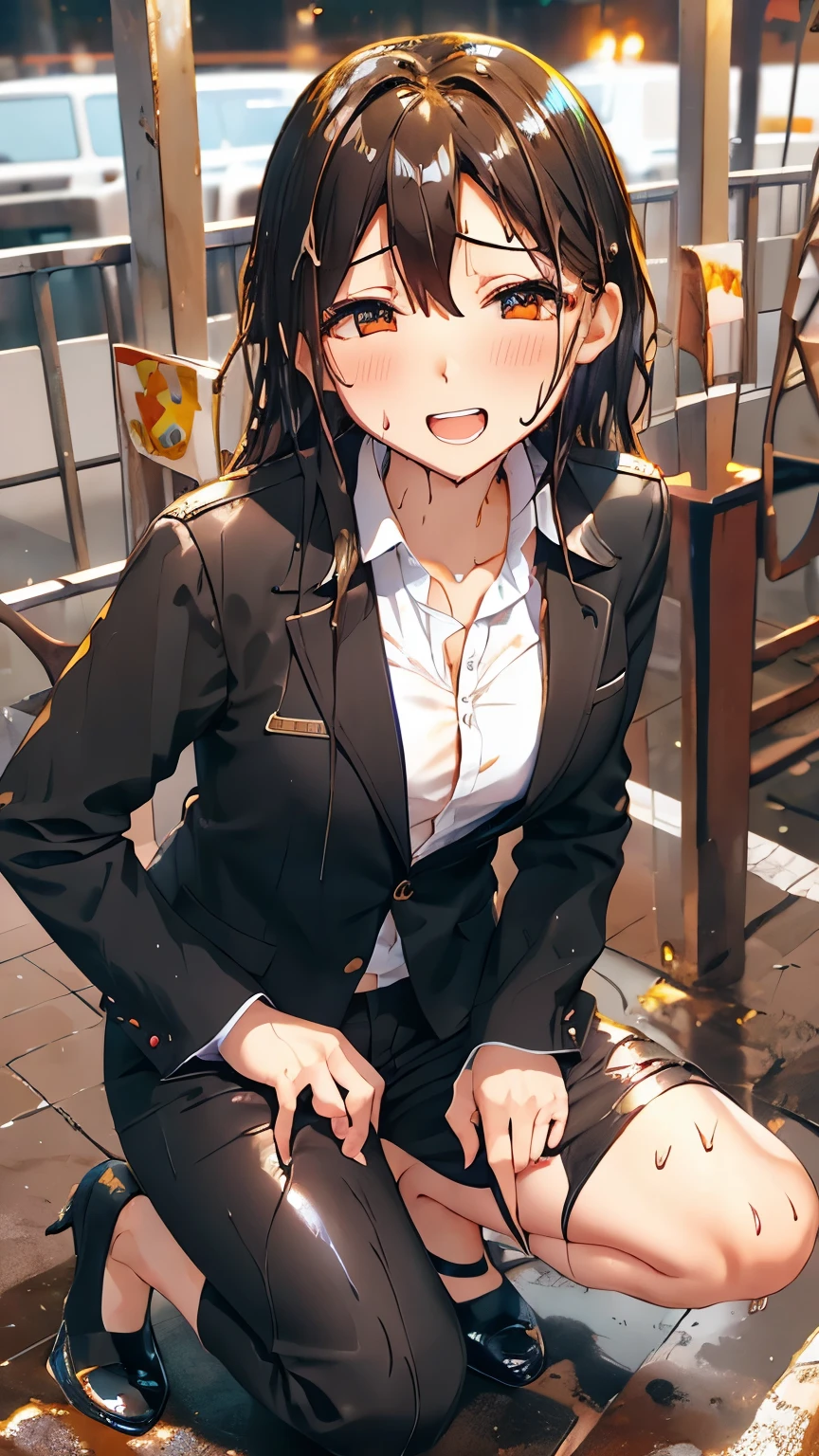 Highest,masterpiece,Highest品質,High resolution,high quality,Realistic,Medium Hair,Wet髪,Pants Style,High heels, Collared shirt,,Black jacket,suit:1.5,Wet,Sweat,orgasm,Fair skin,Oily skin,ID card,White chocolate:2.0,Embarrassed face:1.2,