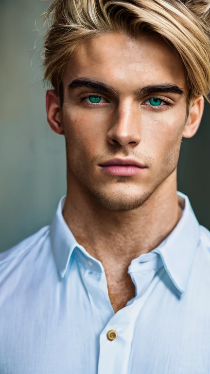 Portrait of young man, handsome, demigod, young Greek god, Greek model, photo shoot, model pose, baronial pose, European facial features, beautiful facial features, symmetry, perfect body, perfect skin, extremely pale skin, short-sleeved shirt , bourgeois, dress pants, green eyes, blonde hair, wealth, perfection, luxury, opulence, clarity, reality, film grain, best quality, photo shoot, euroboy, 1boy, alone, realistic