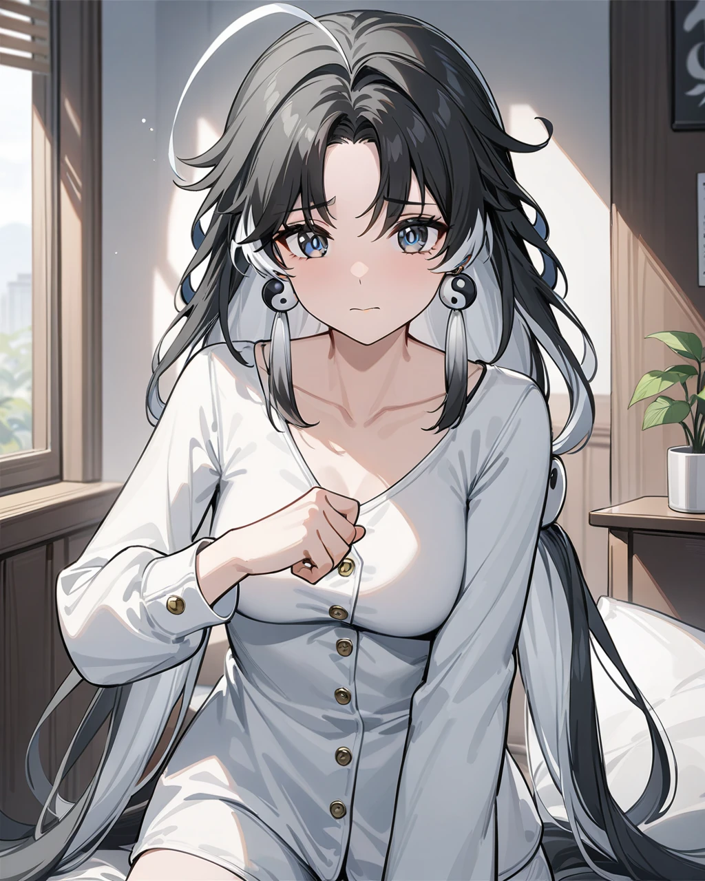 masterpiece,best quality,cute pajamas,indoors,looking at viewer,shy,
jianxin,1girl,solo,jewelry,earrings,black hair,multicolored hair,long hair,ahoge,yin yang,