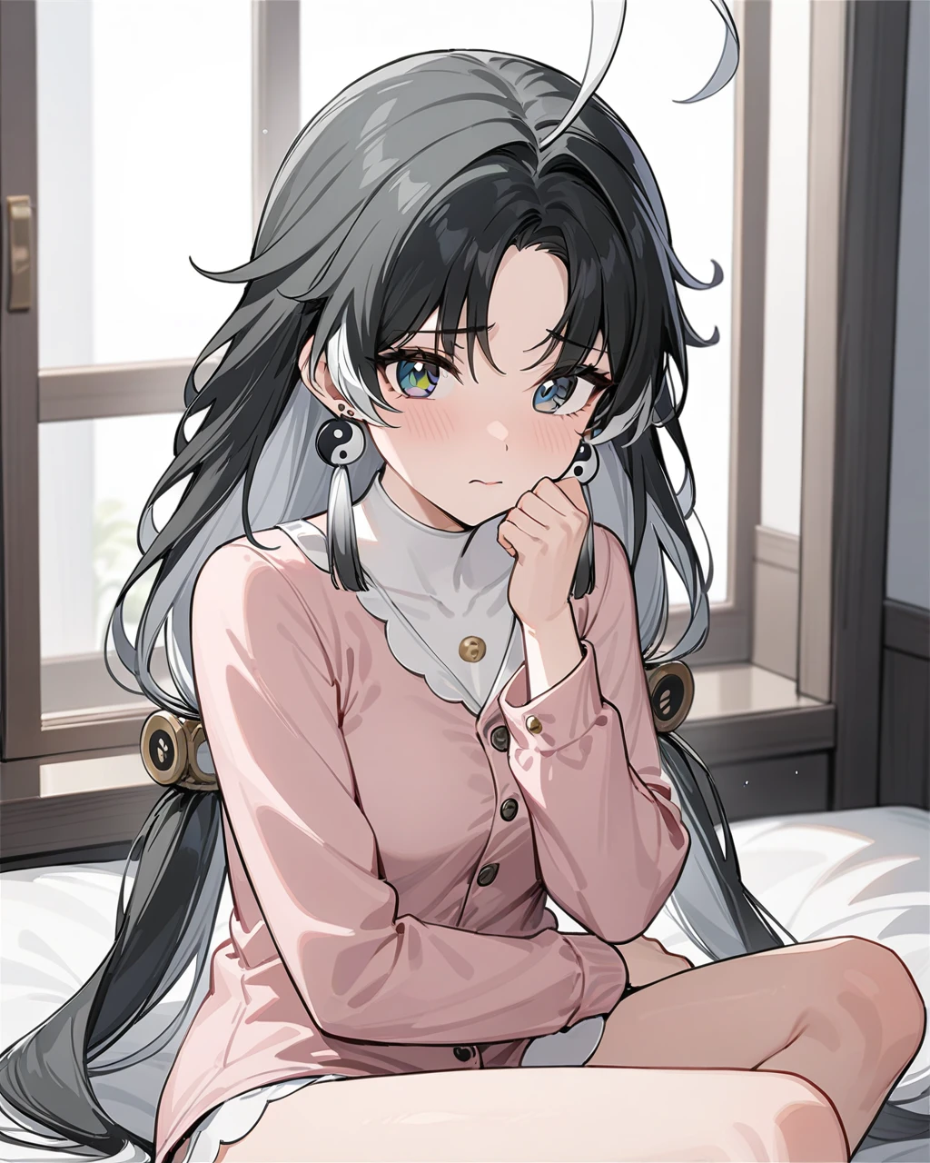 masterpiece,best quality,cute pajamas,indoors,looking at viewer,shy,
jianxin,1girl,solo,jewelry,earrings,black hair,multicolored hair,long hair,ahoge,yin yang,