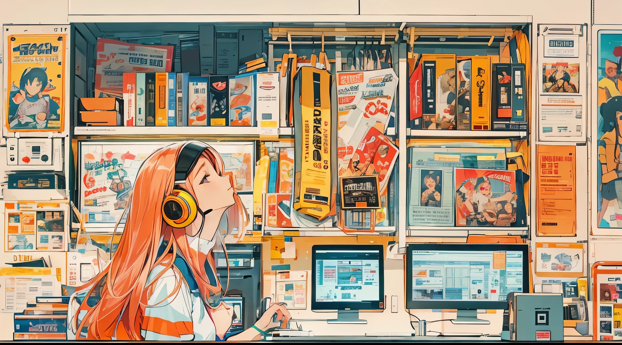 high resolution、One Girl、Wearing headphones、Logo T-shirt and hot pants、In the girl&#39;s room、Studying on a computer、Large monitor、Vibrant colors、Vivid Color、Warm shades、Full body images、Orange long hair、