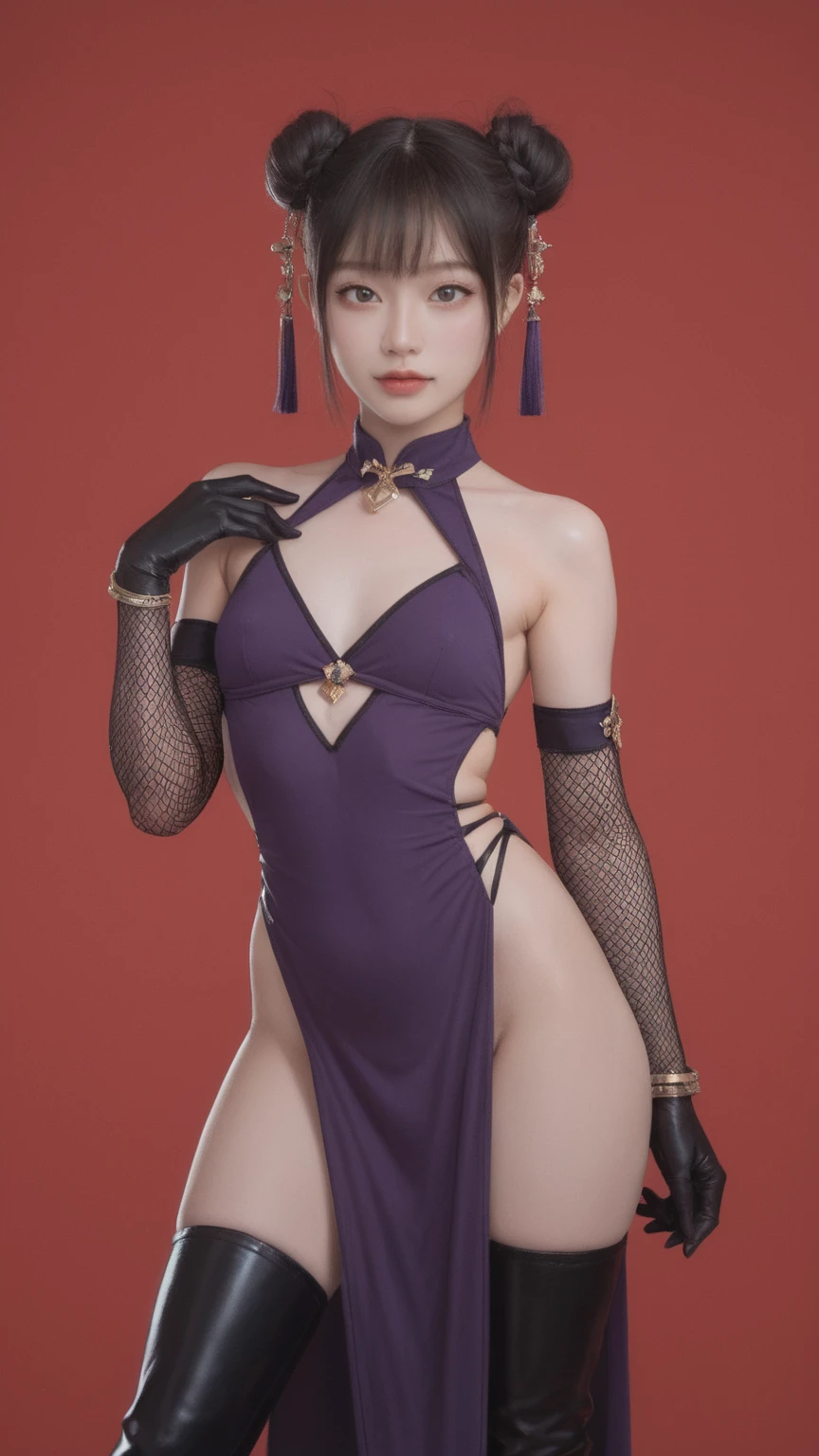 realistic,score_9, score_8_up, score_7_up, red background,1girl,solo,looking at viewer,standing,cowboy shot,small breasts,purple dress,cleavage cutout,jewelry,pelvic curtain,animal ears,double bun,elbow gloves,fishnet gloves,bracelet,thigh boots,