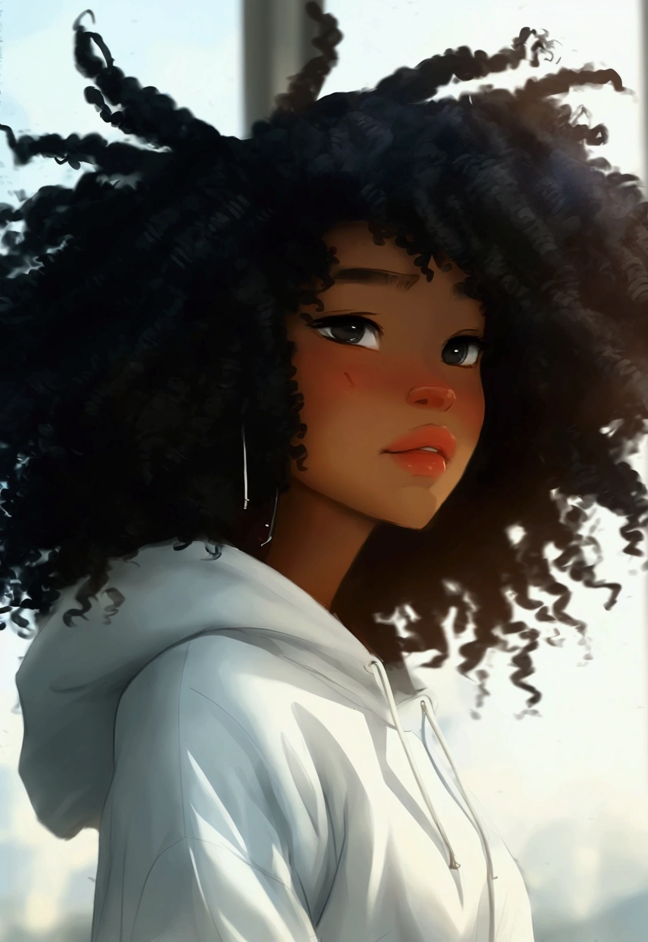 Samdos Arts、woman、Afro-American、Blonde、Long Hair、22 years old、White hoodie、Moderate bust、Simple Background、solo、Hair blowing in the wind