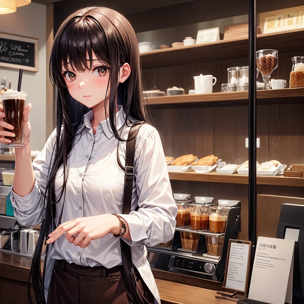 Create an image of a girl working in a coffee shop; she should be at full height dressed in brown trousers and a white shirt and black shoes dark long straight hair with bangs kind, sympathetic anime style