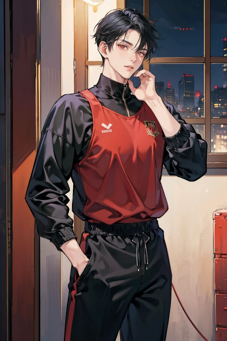 (masterpiece), best quality, seductive eyes, perfect face, handsome man, red eyes, middle part black haircut, volleyball jersey, sports jogging pants, full body, tall man, long legs, anime cover, 1boy, cross ear rings, hands in pockets, adult-like look, volleyball player, 1boy