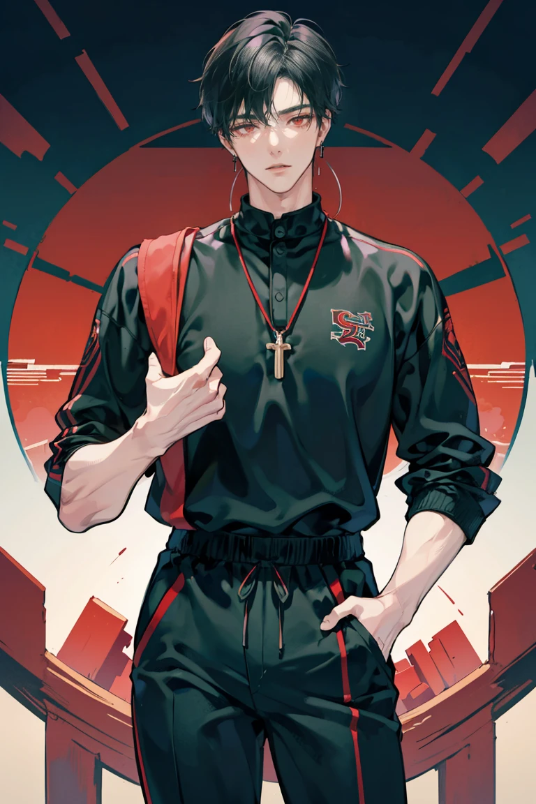 (masterpiece), best quality, seductive eyes, perfect face, handsome man, red eyes, middle part black haircut, volleyball jersey, sports jogging pants, full body, tall man, long legs, anime cover, 1boy, cross ear rings, hands in pockets, adult-like look, volleyball player, 1boy
