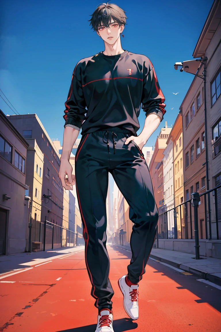(masterpiece), best quality, seductive eyes, perfect face, handsome man, red eyes, middle part black haircut, volleyball jersey, sports jogging pants, full body, tall man, long legs, anime cover, 1boy, cross ear rings, hands in pockets, adult-like look, volleyball player, 1boy
