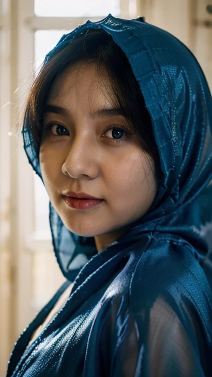 best quality, masterpiece, realistic:, luminate, beautiful muslim, hijab, twirling hijab, fully covered robe, 1 girl, blue hijab, blue eyes, Front, detailed face, beautiful eyes, close up shot, dark blue dress, tight dress, super shiny dress, ao dai dress, volumetric lighting, gorgeous body, moist skin, 50mm f1.4 lens, fully covered dress, ornamented robe, close up portrait, young face, cute asian face,