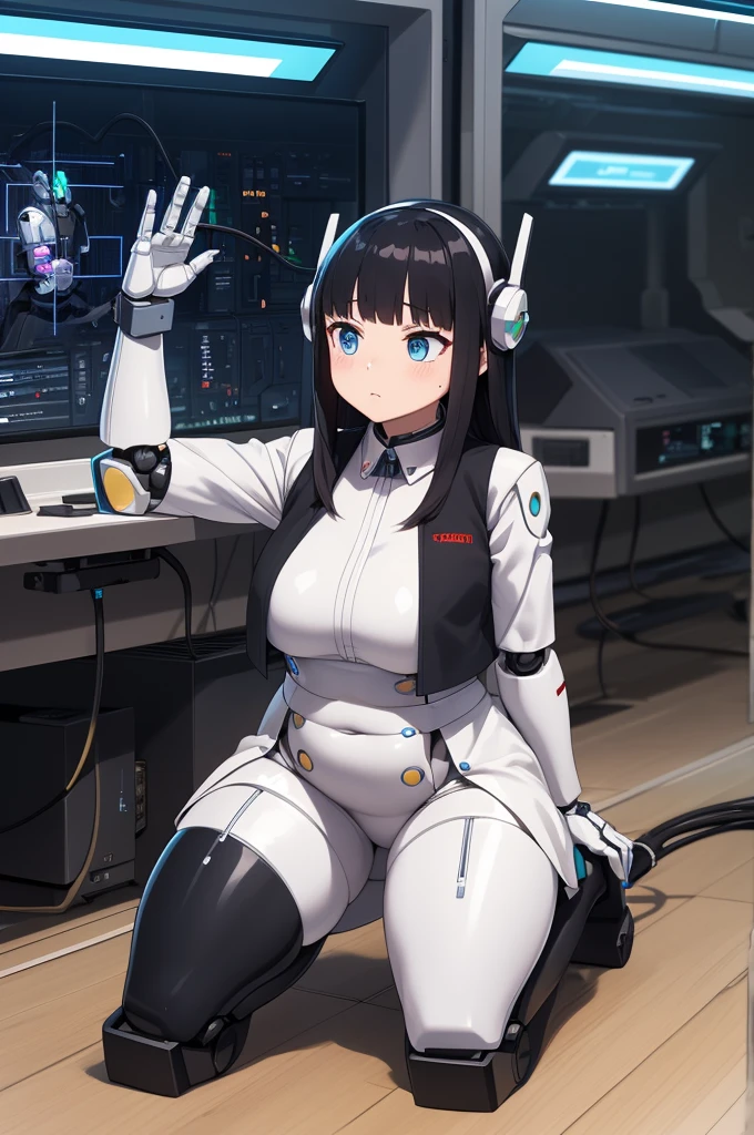 One girl、Inside the spacecraft、A girl and a beautiful sight are spreading。The walls and ceiling are covered with panels of futuristic design.、It has a fantastic glow。The interior of the ship is spacious々and々And々And、A variety of scientific instruments and consoles are located。The interior space of the spacecraft is、、、It features a silvery metallic texture and a curvaceous design、focus on girl