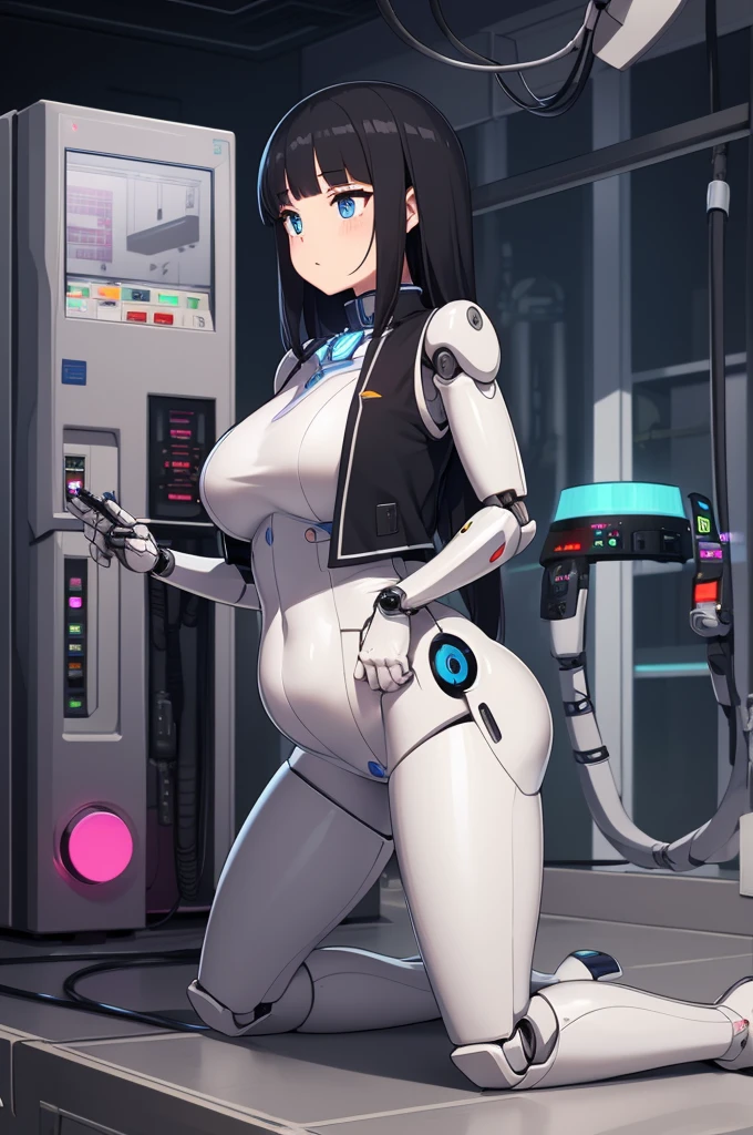 masterpiece, best quality, extremely detailed, Japaese Cyborg Girl,Plump , White boots,control panels,android,Droid,Mechanical Hand, ,clothes with a sense of mechanical technology, Robot arms and legs, Black Robot Parts,Black hair,Mechanical body,dress shirt,long vest,Blunt bangs,White abdomen,White robotics parts,perfect robot woman,future laboratory,cyber pank,charging spot,laboratory,long tube,thick cable connected her neck,kneel on the floor,bowing,ceramic body ,mechanical body,blue eyes,android,robot humanoid