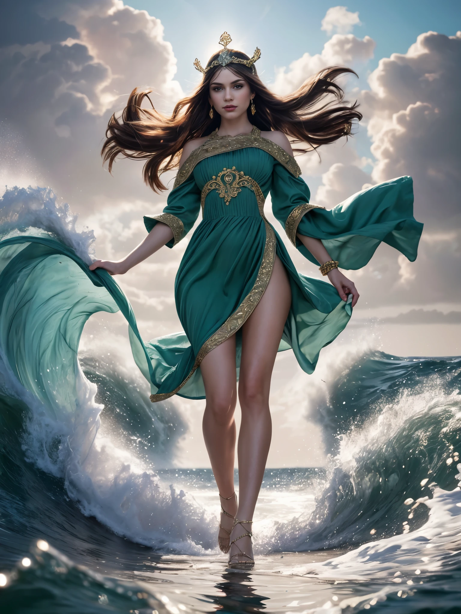 1girl, full body, green dress, walking on water, very long hair, colossal hurricane, stormy sea, swirling wind, crashing waves, fury ocean, cinematic lighting, (masterpiece:1.4), traditional clothing, detailed face, ornate headpiece jewelry, looking at viewer, dangle earring, official art, soft clothes, costumes fluttering in the wind, super detailed, beautiful and aesthetic, top quality, grand, bold composition, glitter, high definition,