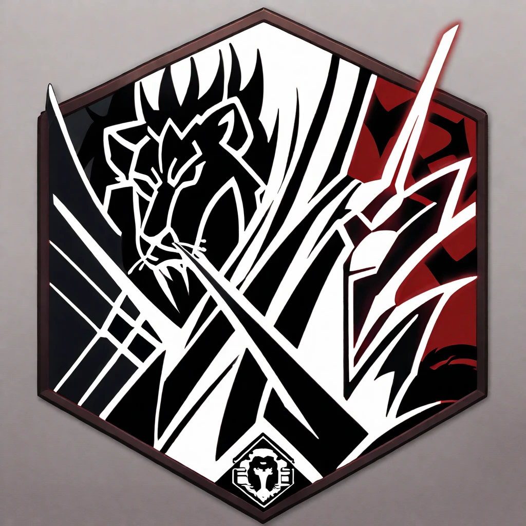 Icon, a beast, a lion-like creature, in red, black and white. Two swords pierce from inside her mouth and come out through her head. The beast displays a menacing look with crossed swords entering its mouth and piercing its head. two swords, two swords penetrating the creature. Badge of clan, icon, logo, simple background