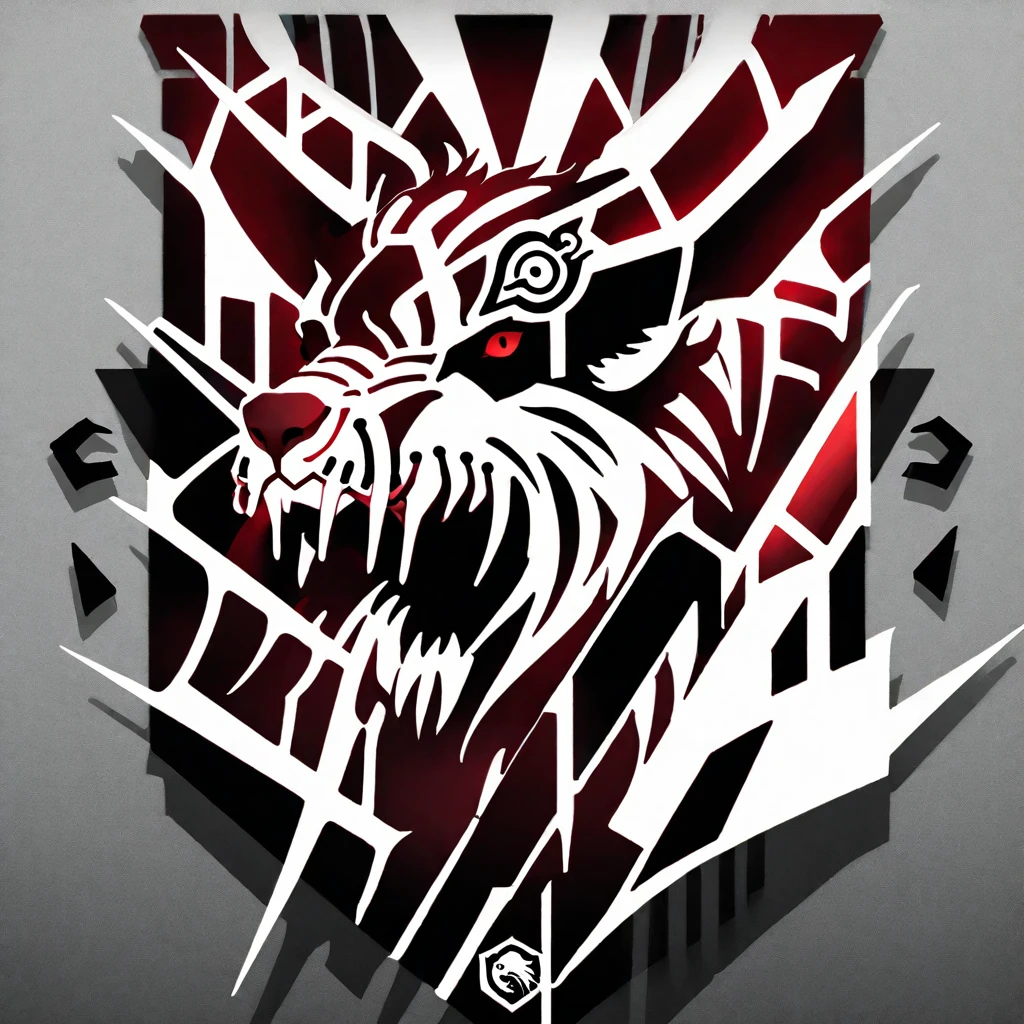 Icon, a beast, a lion-like creature, in red, black and white. Two swords pierce from inside her mouth and come out through her head. The beast displays a menacing look with crossed swords entering its mouth and piercing its head. two swords, two swords penetrating the creature. Badge of clan, icon, logo, simple background
