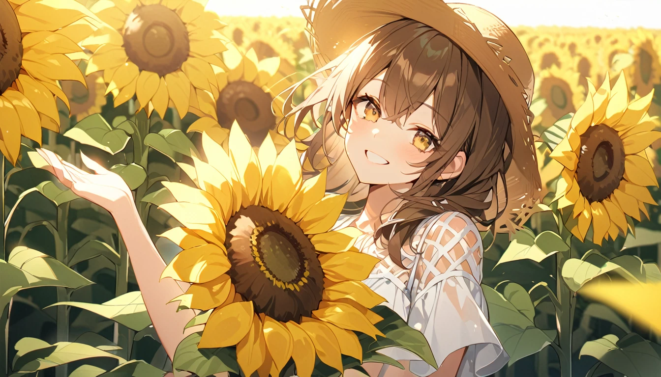 (Highest quality)Girl in a sunflower field,Brown hair and wearing a straw hat,smile