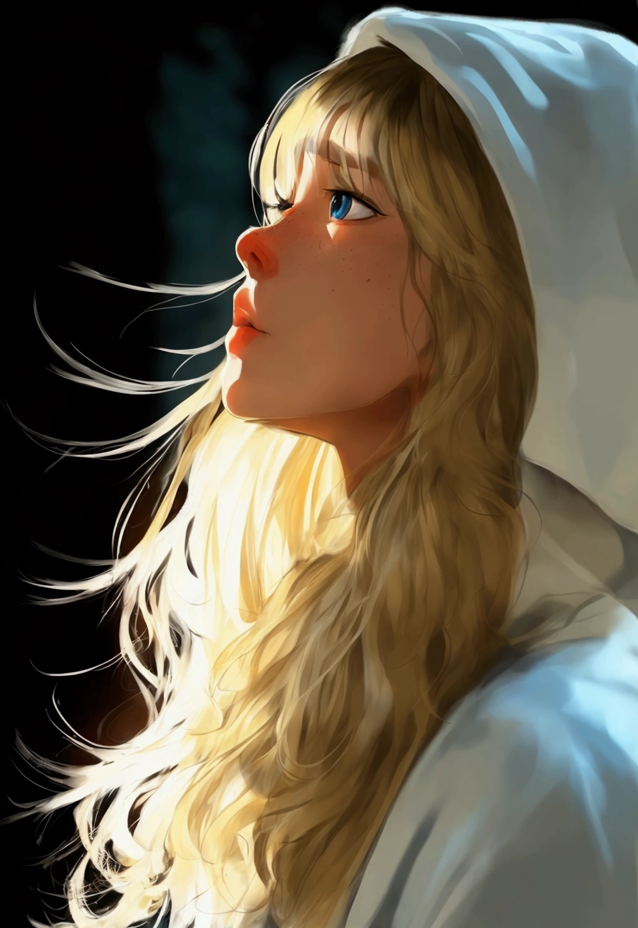 Mudo's Arts、woman、Freckles、Blonde、Long Hair、22 years old、White hoodie、Moderate bust、Simple Background、solo、Hair blowing in the wind