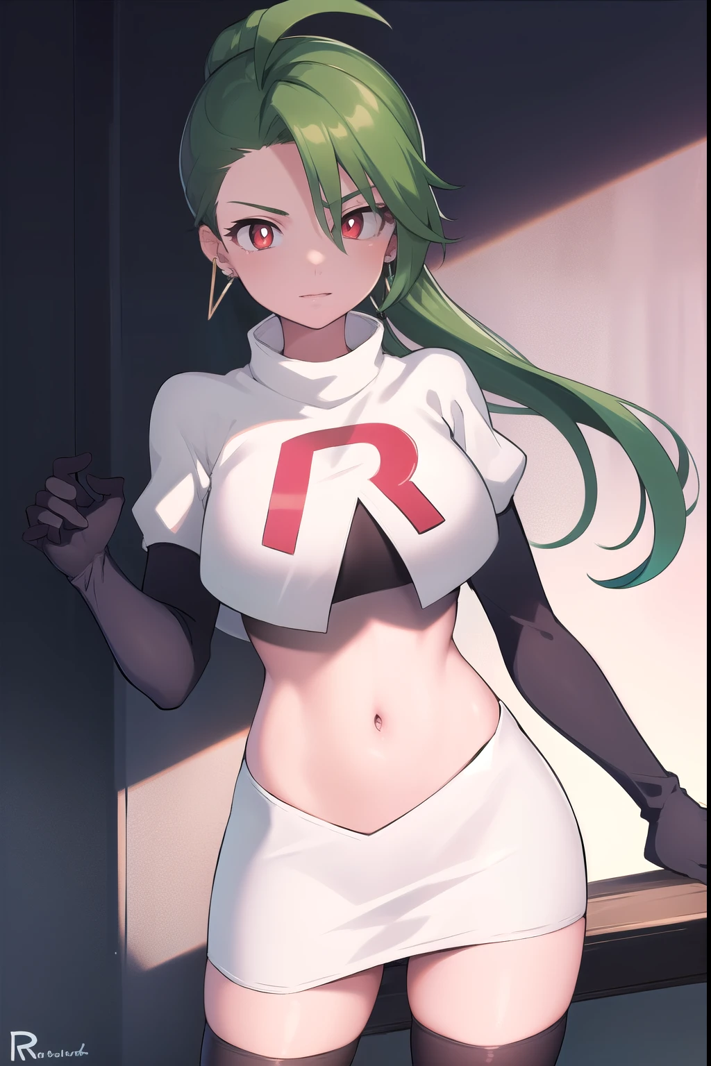 absurdres, best quality, 1girl, solo, eye focus, looking at viewer,  rika, ahoge, ponytail, bright pupils, white pupils, earrings, green hair, red eyes, bright pupils, team rocket,team rocket uniform,white skirt,red letter R,crop top,black thigh-highs,black elbow gloves