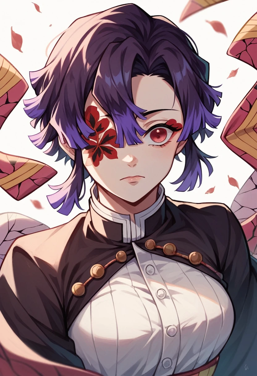 Captura de pantalla de Kimetsu No Yaiba, girl with short reddish purple hair, right eye covered by hair, clothes the same as that of the animated character rengoku, Red eyes,
