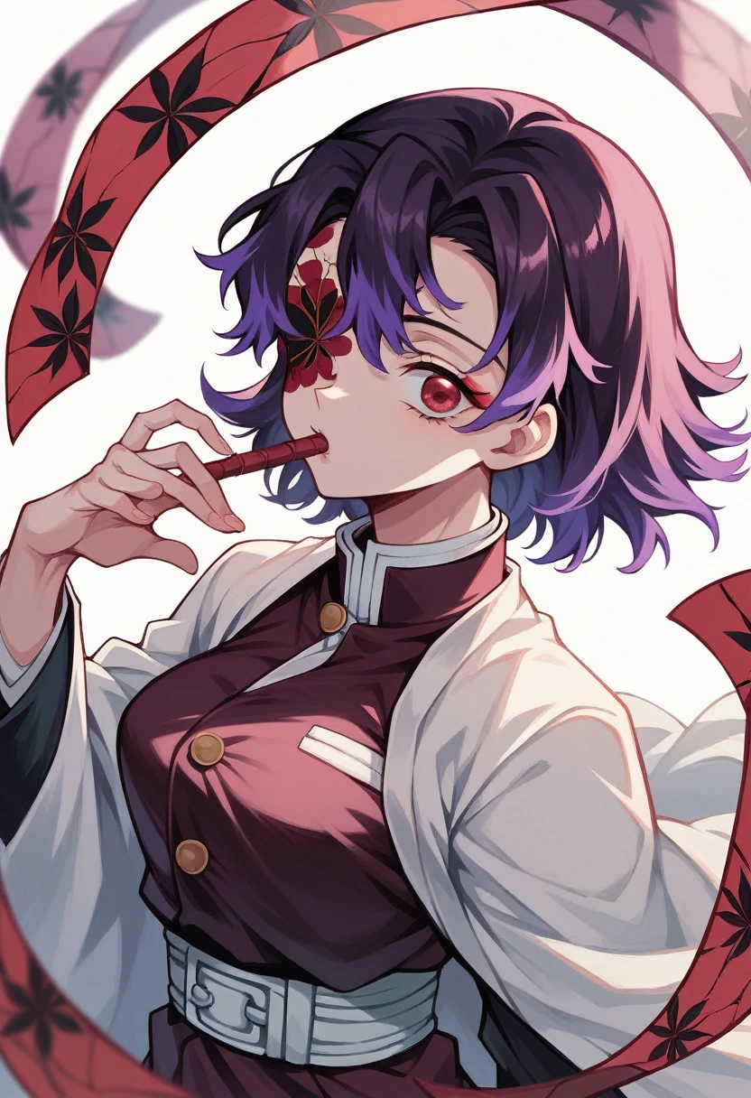 Captura de pantalla de Kimetsu No Yaiba, girl with short reddish purple hair, right eye covered by hair, clothes the same as that of the animated character rengoku, Red eyes,