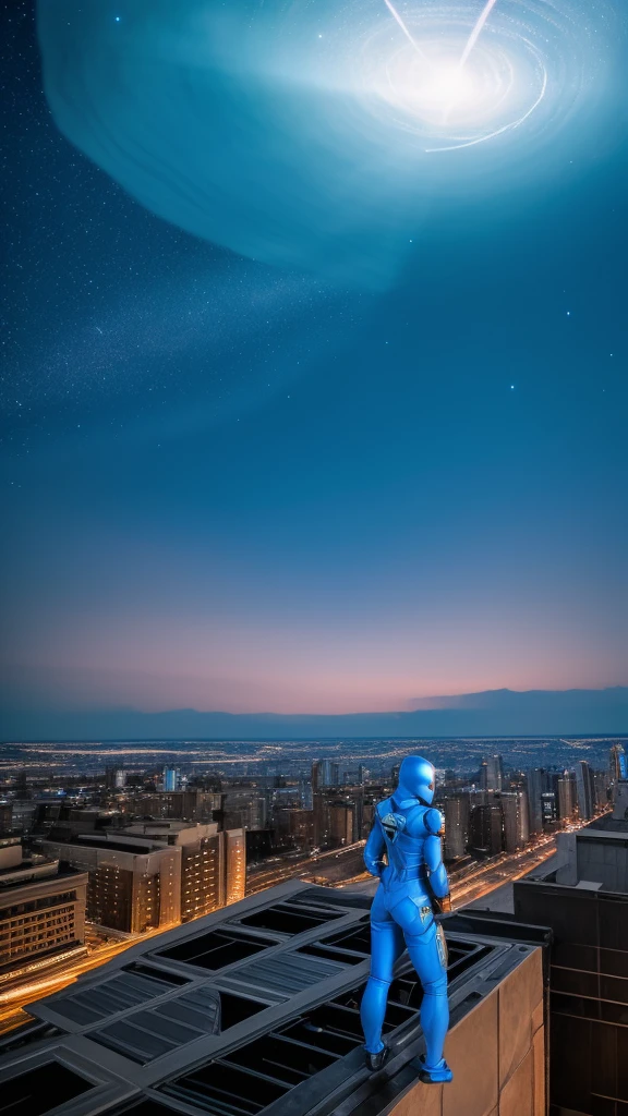hot mech girl, big breast, war on alien, collapse building, night view, storm shadow meteor, ultra detail, blue eyes, panoramic scene, masterpiece, aesthetic