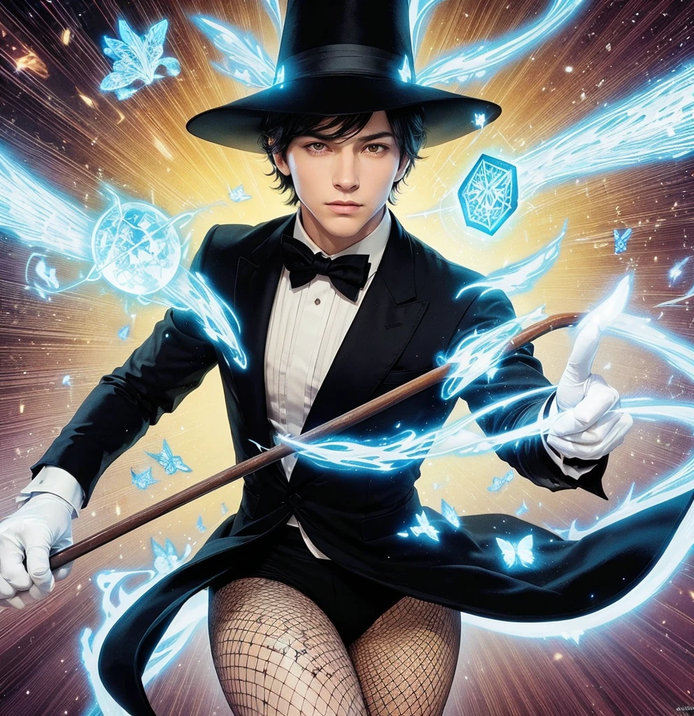 American classic comic book art: Handsome ethereal young man delicate, black short hair bangs, black wizard hat on head, navy black magician outfit Zatanna, fishnet stockings, holding an elegant cane, white gloves, emanating bright blue magic, yellow pink energy, white eyes, sorcerer magician, beautiful thighs, very young face man, lilac light magical butterflies, Magic of Imagination, casting spell, medieval castle, classic comic book