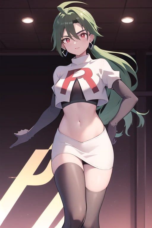 absurdres, best quality, 1girl, solo, eye focus, looking at viewer,  rika, ahoge, ponytail, bright pupils, white pupils, earrings, green hair, red eyes, bright pupils, team rocket,team rocket uniform,white skirt,red letter R,crop top,black thigh-highs,black elbow gloves