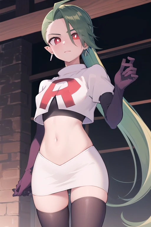 absurdres, best quality, 1girl, solo, eye focus, looking at viewer,  rika, ahoge, ponytail, bright pupils, white pupils, earrings, green hair, red eyes, bright pupils, team rocket,team rocket uniform,white skirt,red letter R,crop top,black thigh-highs,black elbow gloves