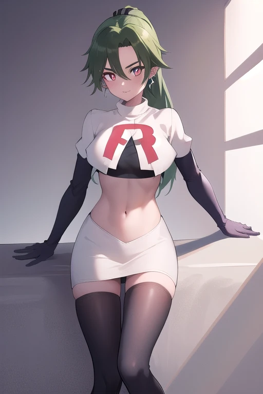 absurdres, best quality, 1girl, solo, eye focus, looking at viewer, rika, ahoge, ponytail, bright pupils, white pupils, earrings, green hair, red eyes, bright pupils, team rocket,team rocket uniform,white skirt,red letter R,crop top,black thigh-highs,black elbow gloves