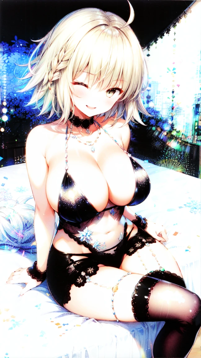 1girl,masterclass,best quality, illustration, solo, RIcos, RoyalIcingDress, ;), smile, one eyes closed,on bed,blush, large breasts,sitting, crossed legs