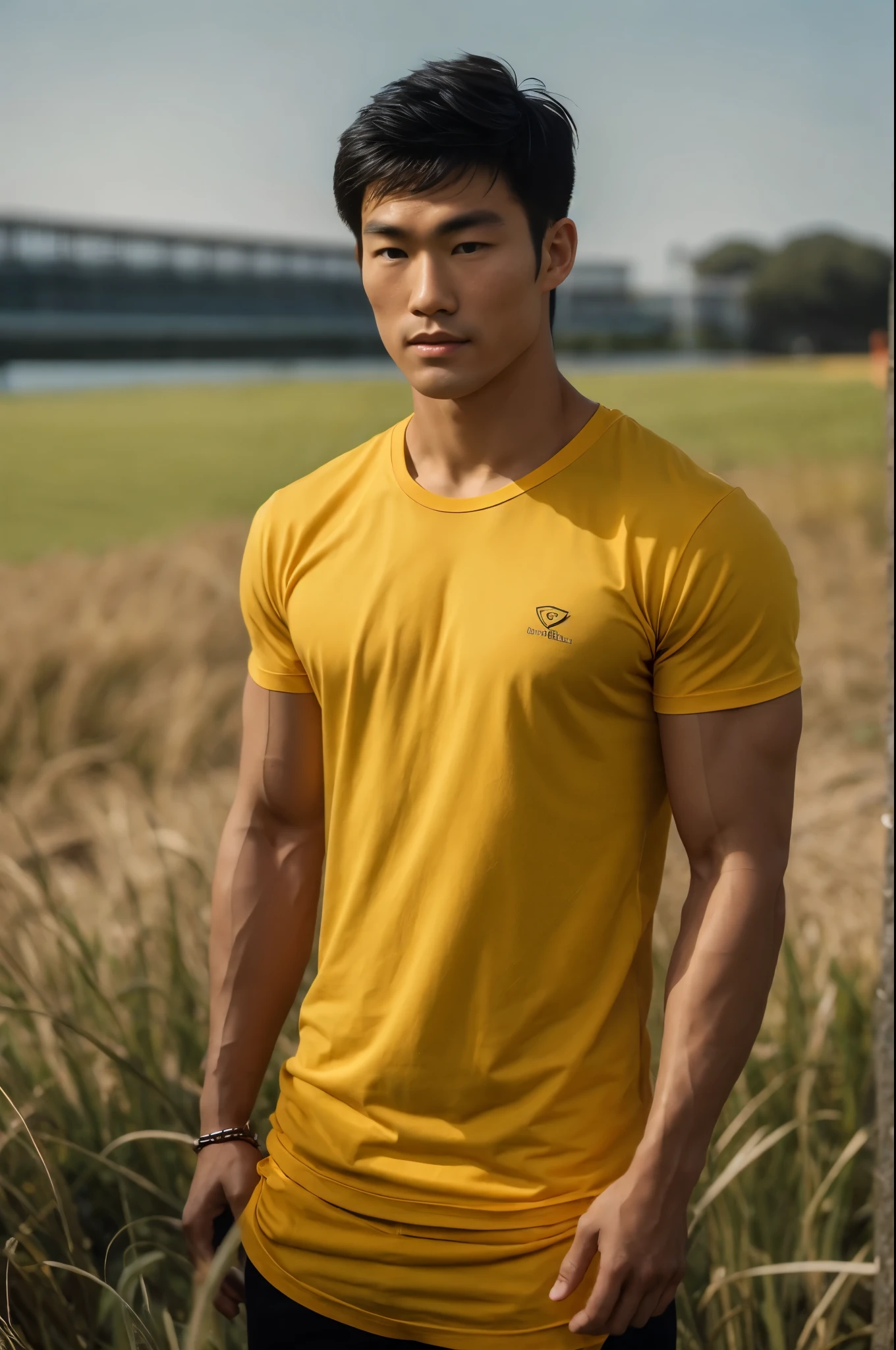 A handsome, muscular young Asian man looks at the camera. In a plain yellow t-shirt , Fieldside, grass, beach, sunlight