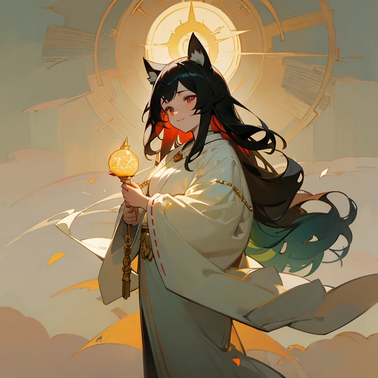 A black-haired woman holding a sun. Halo. Archaic smile. Wind. Flowers. Ivy. Beautiful. Painterly. Mucha-esque. Pale colors. Religious painting-like. Feathered robe. White shrine maiden outfit with red clothing underneath. Full body. Facing forward. Modern art. Rough paper texture, aged texture, moth holes, tears. Drooping cat ears. A painting frame. Sparkling. Glittering. Gradient. Gold decoration on the forehead. Necklace. Fog. Linear clouds like those in Japanese painting.