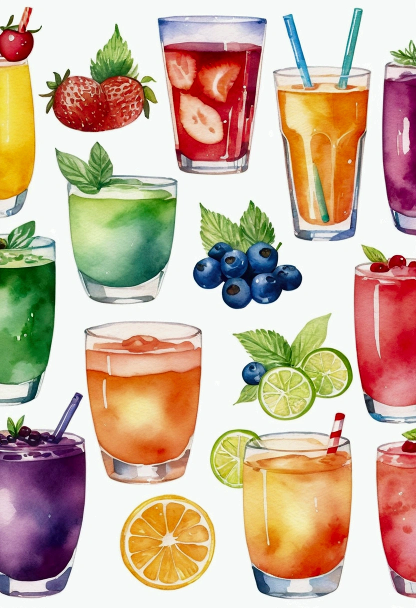 there are many types of colorful healthy drinks served in glasses, the glasses sitting on a surface, juices, smoothie and infused water , illustration, isolated with solid white background, surrounded with negative space, centered composition, highest detailed painting, very precise line, Isolated, clear solid white background, perspective angle of view, ((watercolor:1.5)), (lora:add-detail-xl:1), (masterpiece), (best quality), no bread on the floor, washed out color, (ghibli)