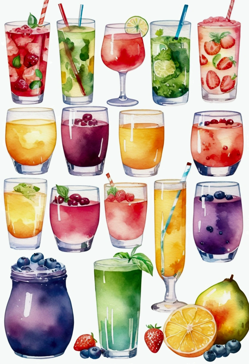 there are many types of colorful healthy drinks served in glasses, the glasses sitting on a surface, juices, smoothie and infused water , illustration, isolated with solid white background, surrounded with negative space, centered composition, highest detailed painting, very precise line, Isolated, clear solid white background, perspective angle of view, ((watercolor:1.5)), (lora:add-detail-xl:1), (masterpiece), (best quality), no bread on the floor, washed out color, (ghibli)