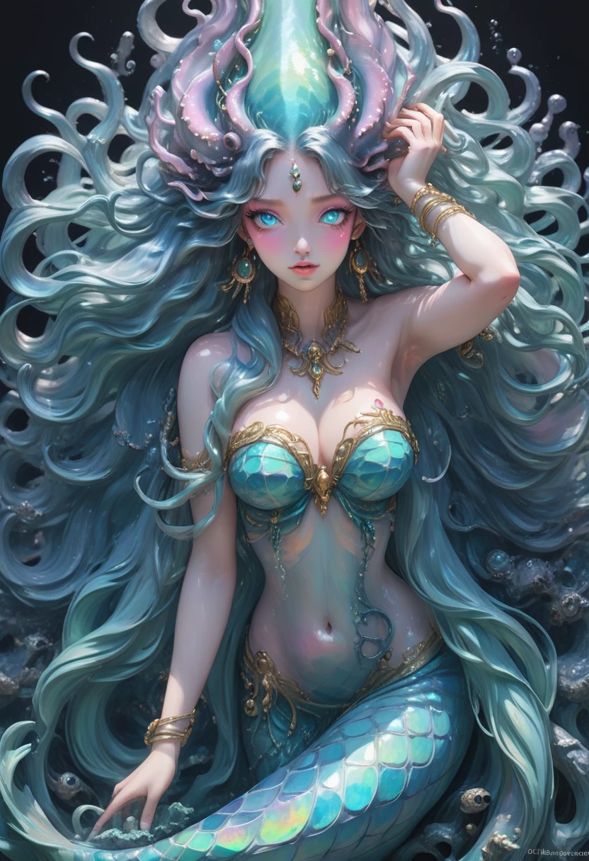 [translucent:opal:0.5], High quality bust，Reflective Transparent Opaque See-through Sarong, krakens, Long hair, 白色Long hair，Mermaid, Goddess of the sea, Ocean Goddess，Tentacles, Full face blush, Intricate details, light, excellent quality, Amazing shadows, Detailed description, Official Artwork, wallpaper, Official Art, Extremely detailed eyes and face, Beautiful and delicate eyes, ((masterpiece, best quality)),Half-body image,cowboy shot