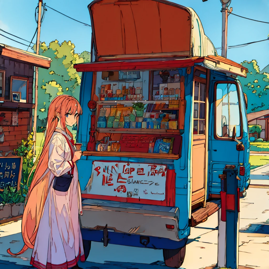 Plain background, girl in , simple, summer, nostalgic, food truck
