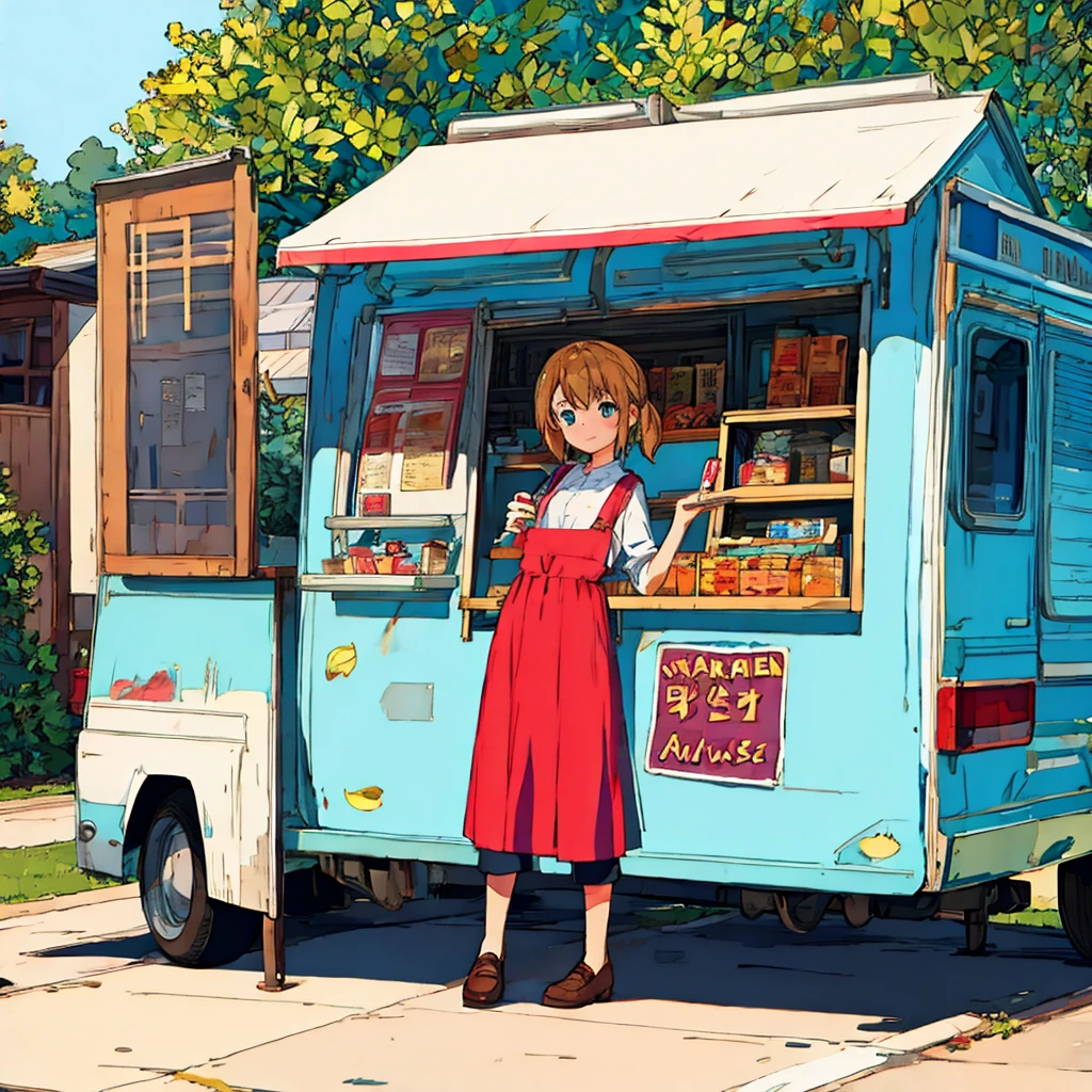 Plain background, girl in , simple, summer, nostalgic, food truck