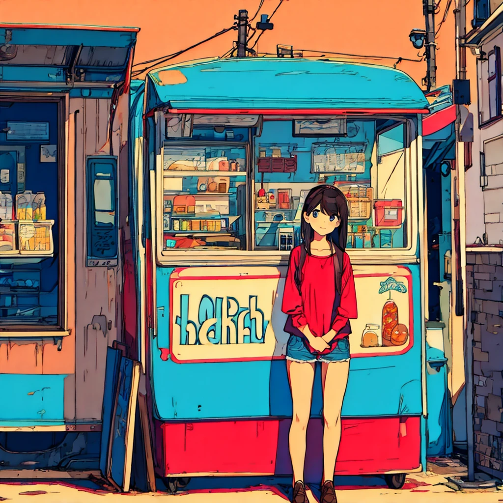 Plain background, girl in , simple, summer, nostalgic, food truck