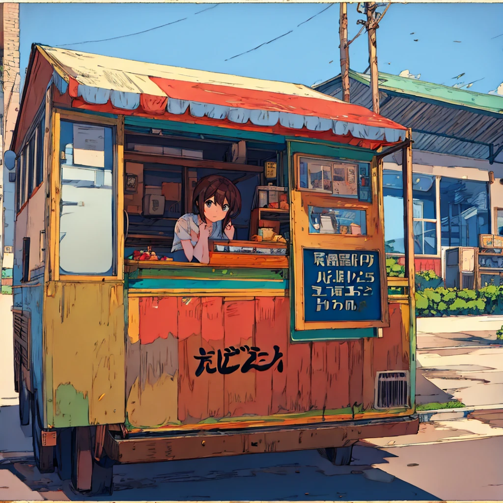 Plain background, girl in , simple, summer, nostalgic, food truck