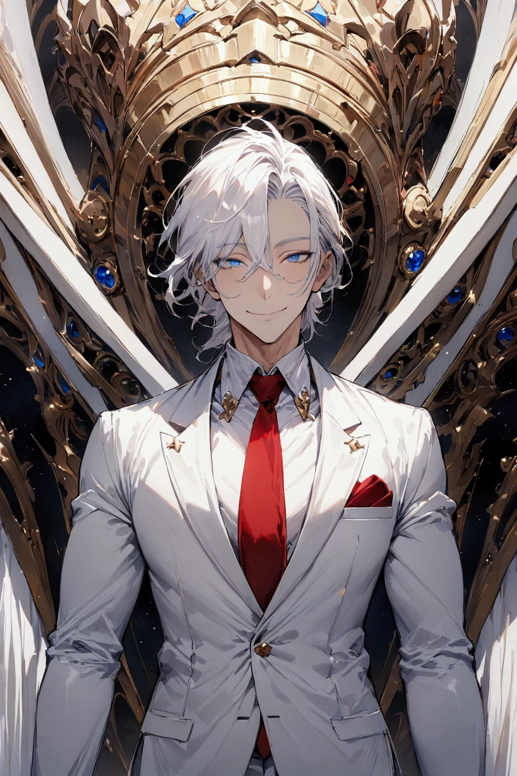 ((masterpiece)), ((best quality)), (from front, facing front:1.32), (close-up:1.2), (half-body shot:1.36), perfect anatomy, 1man solo, adult man, very long white hair, blue eyes, white suit, red tie, smiling