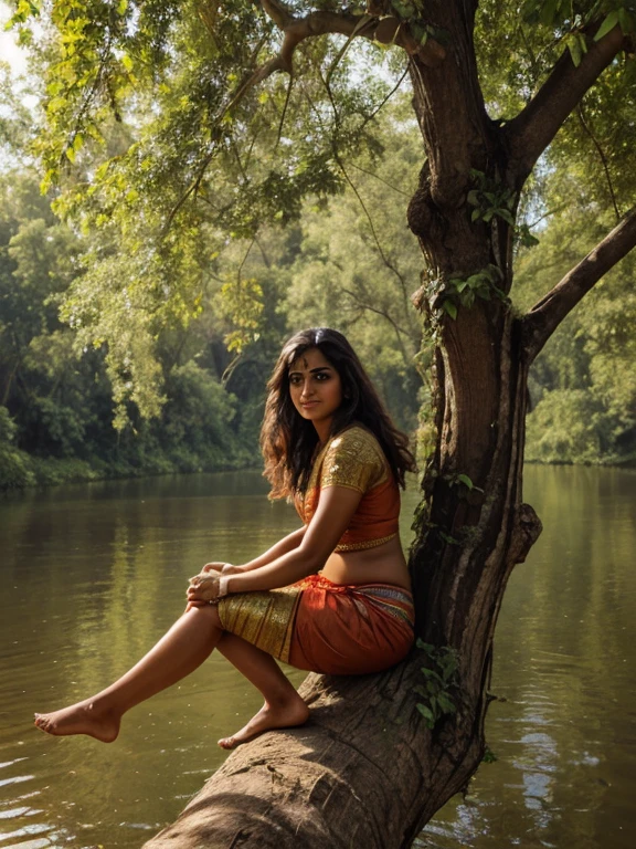 Create a realistic portrait of a beautiful Indian woman sitting in the tree,wearing sarre,flying erfly . On a tree,left side river