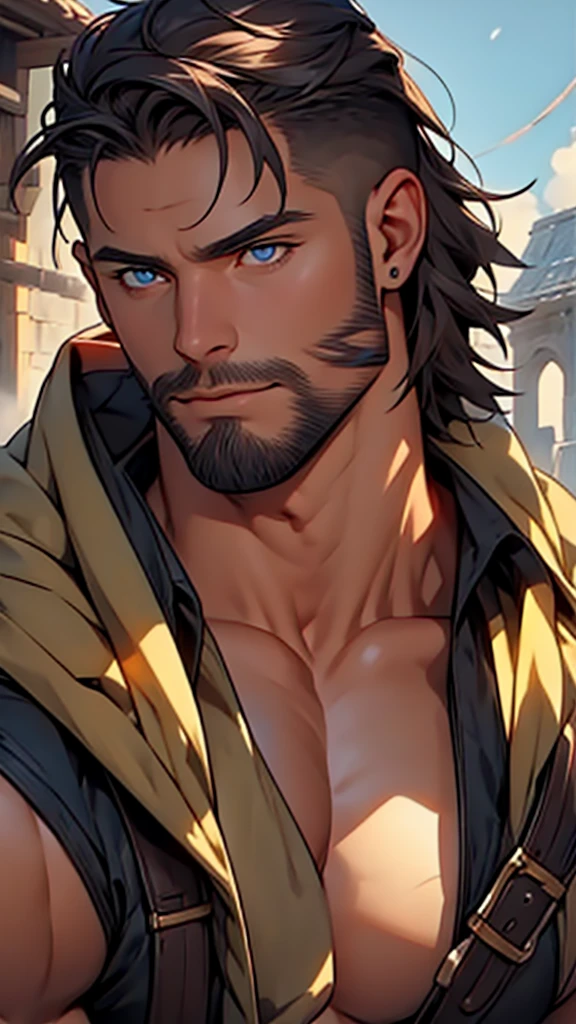 32k, high quality , Detailed face , Detailed eyes, muscle , Short Hair ,Shaving, Not fine, Medieval Fantasy, 40Old warrior, One person, Injury
