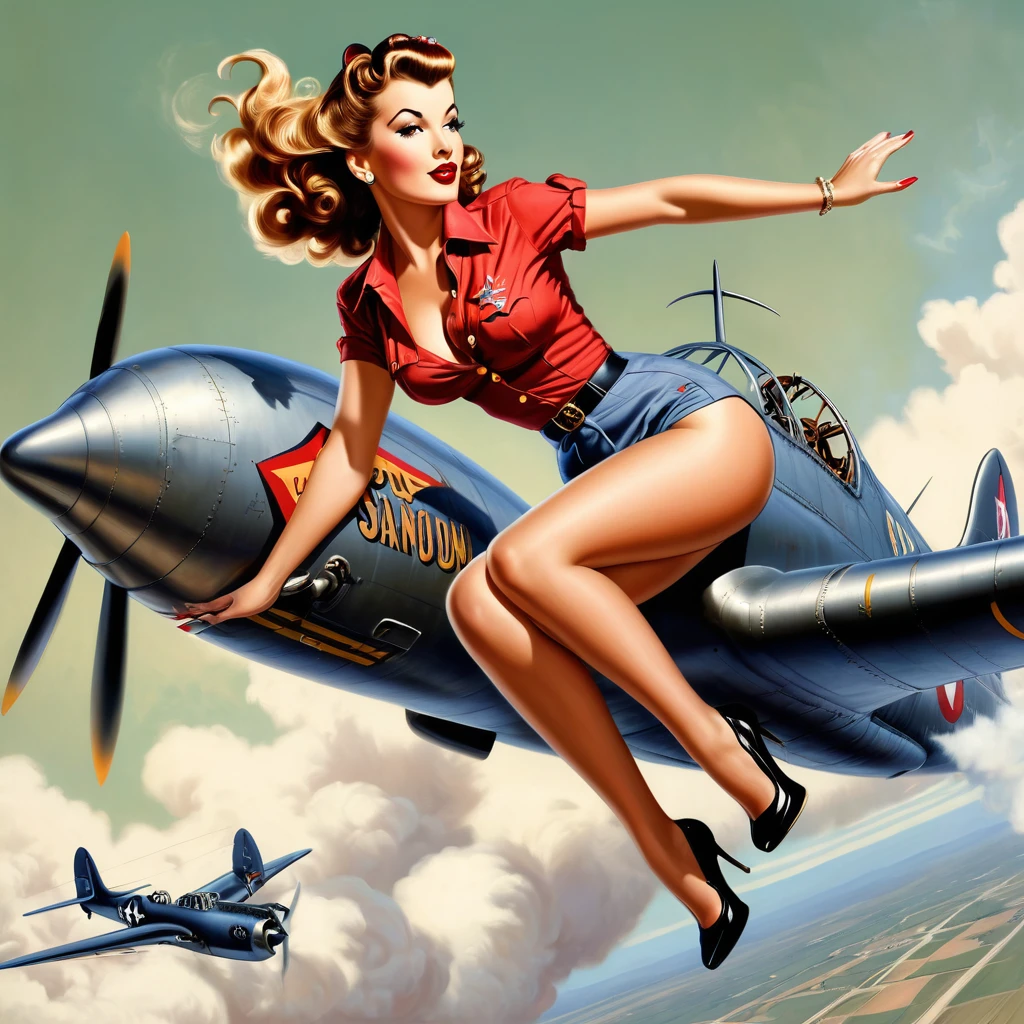 AIRPLANE NOSE ART, A BEAUTIFUL 40'S PIN UP RIDING A BOMB, INTRICATE DETAILS, HYPER-REALISTIC, VARGAS, NO BACKGROUND, SHIRT DESIGN,