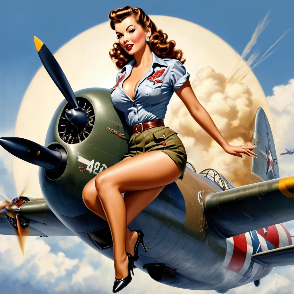 AIRPLANE NOSE ART, A BEAUTIFUL 40'S PIN UP RIDING A BOMB, INTRICATE DETAILS, HYPER-REALISTIC, VARGAS, NO BACKGROUND, SHIRT DESIGN, 