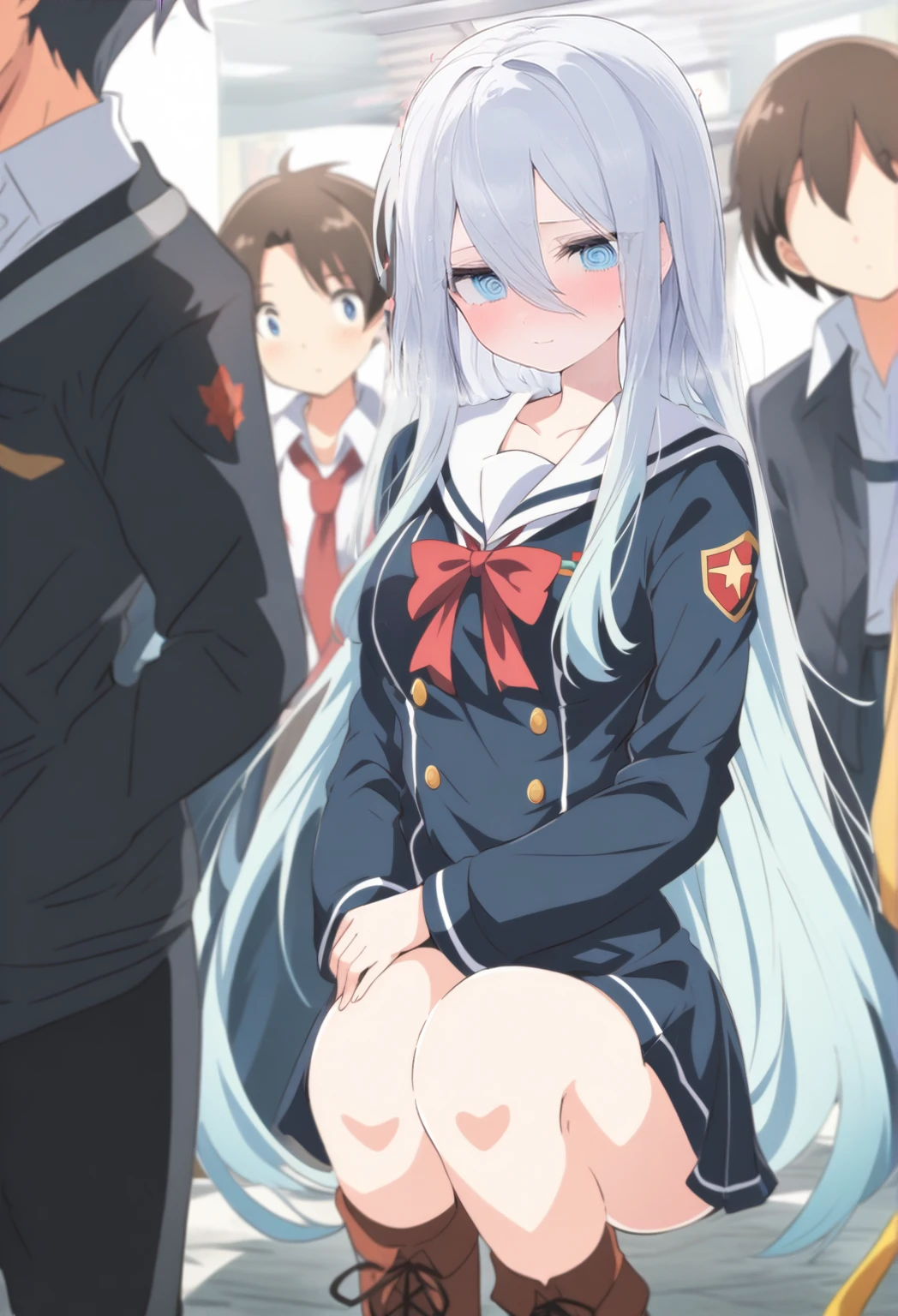 Anime girl with white hair and blue eyes in a crowded place, , perfect Gray-haired girl, Anime girl crouching, Zero-chan art, Beautiful anime school girl, Enchanting anime girl, Anime Moe Art Style, On pixiv, Gray-haired, Beautiful anime girl crouching, Soft anime illustration, Zero-chan, Gap Moe Yandere